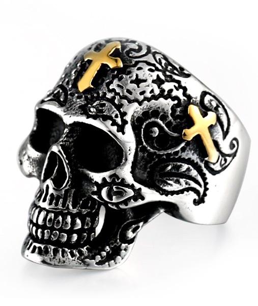 Bague Tête de Mort <br/> Croix (Acier)